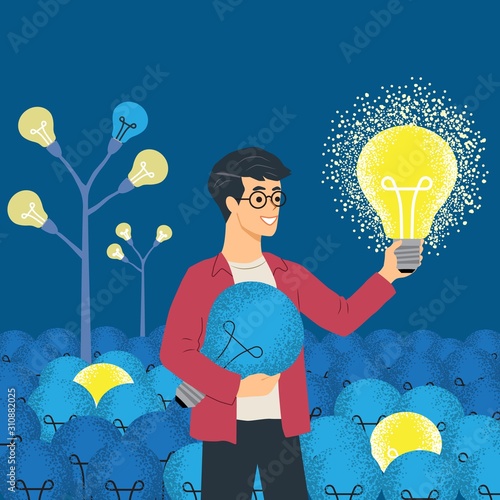 Smiling young man holding a glowing light bulb in a concept of great ideas, innovation, inspiration and creativity, colored vector illustration