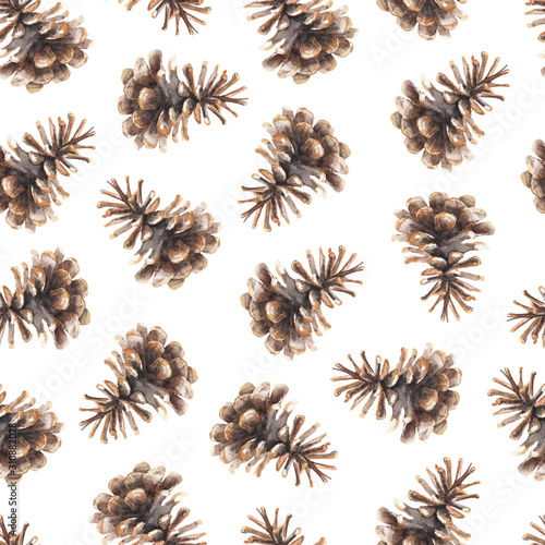 Pine cone. Watercolor seamless pattern on a white background. Winter and autumn design. Background with hand painted