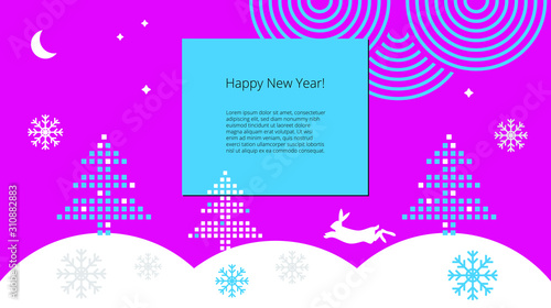 Template for Happy New Year greetings with winter forest, pixel Christmas trees, hare and snowdrifts in a flat business style