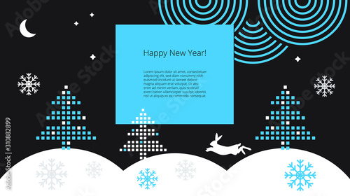 Template for Happy New Year greetings with winter forest, pixel Christmas trees, hare and snowdrifts in a flat business style