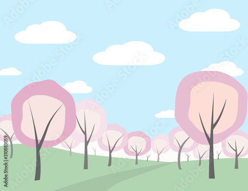 Spring landscape in the blooming orchard