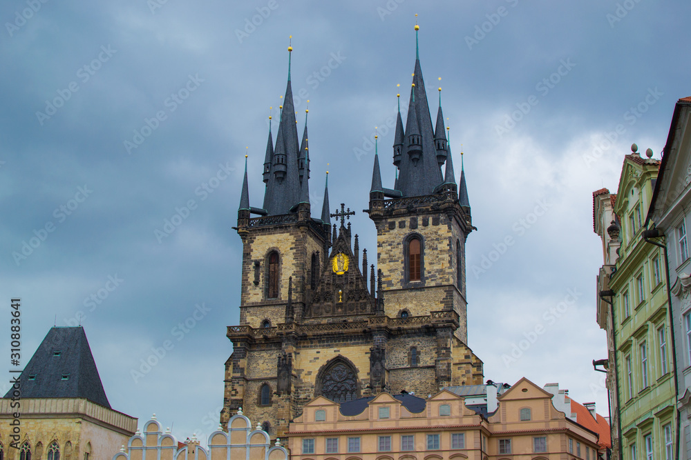Fototapeta premium Facade of the Church of Mother of God before Týn (Tyn Church) in Old Town Square (Staroměstské náměstí) in Prague, Czech Republic