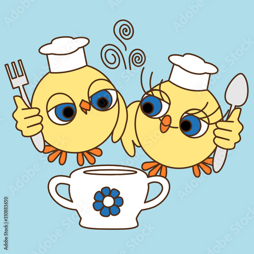 two cool cooks chicken cooked soup and stand near a hot tureen with a spoon and a fork in hand, vector clip art on a blue isolated background