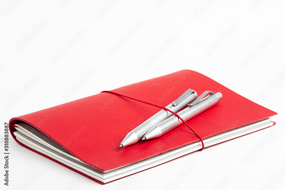 Red Leather Journal Cover With Elastic Band And Two Ballpoint Pens Red Leather Journal Cover With Elastic Band And Two Ballpoint Pens