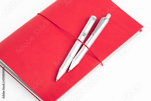 Red Leather Journal Cover With Elastic Band And Two Ballpoint Pens