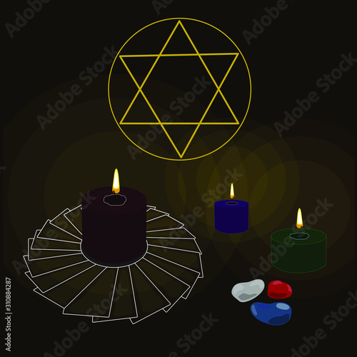 Magic and esotericism. .Fortune-telling on runes and maps .candles, stones, Pentacles. Book of fate. Dark, mysterious . vector.