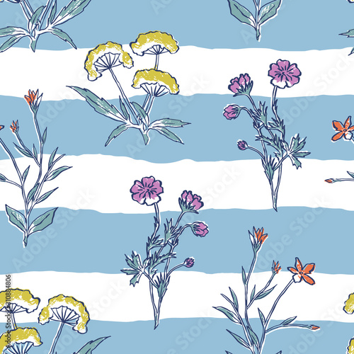 Vector seamless pattern with long stem flowers on striped background. Botanical freehand illustration. Meadow repeat design.