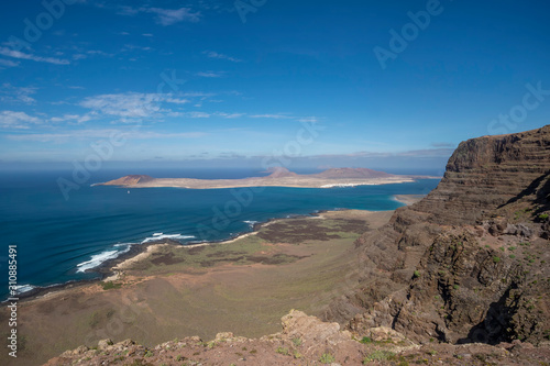Beautiful aerial view of Lanzarote and La Graciosa from Guinate, Canary Islands, Spain
