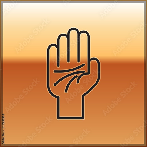 Black line Palmistry of the hand icon isolated on gold background. Vector Illustration