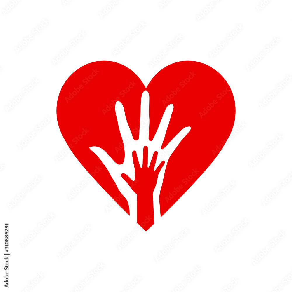 Fototapeta premium Two Hands in the Heart Icon as Orphan Children Adoption Metaphor. Helping or Loving Hands in the Red Heart