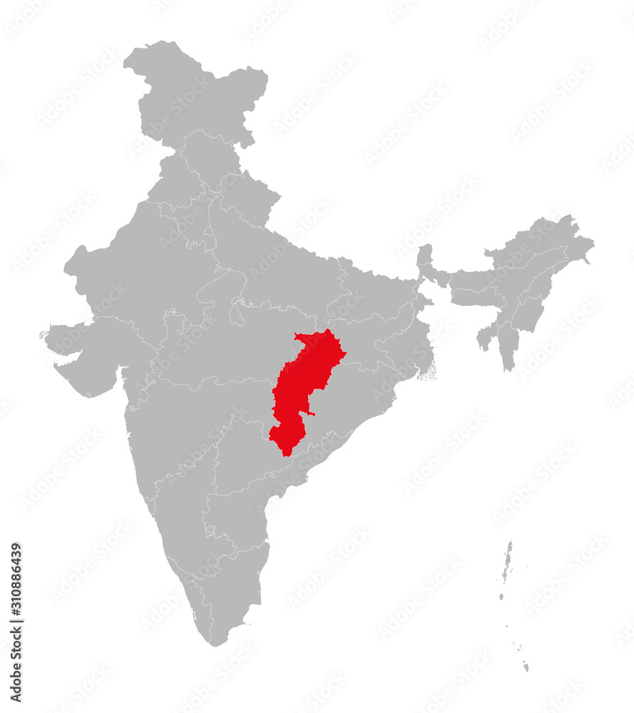 Chhattisgarh state marked red on indian map vector. Light gray background. Perfect for business concepts, backdrop, backgrounds, label, sticker, chart etc. Chhattisgarh state marked red on indian map vector. Light gray background. Perfect for business concepts, backdrop, backgrounds, label, sticker, chart etc.