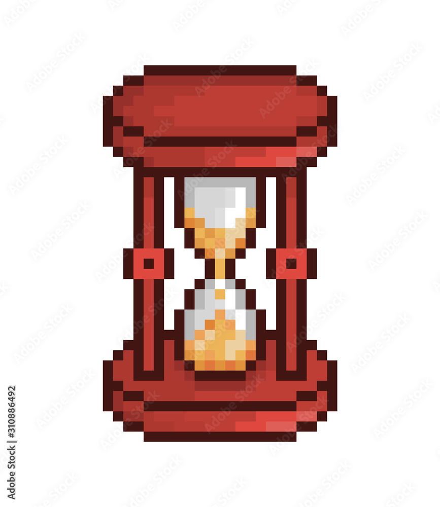 Wooden hourglass, pixel art icon isolated on white background. 8 bit