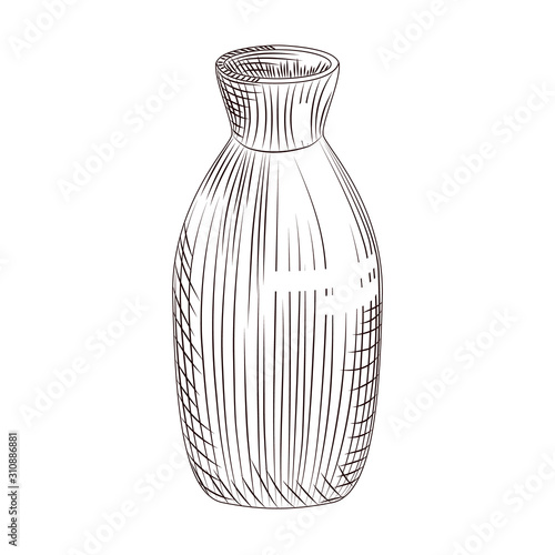 Japanese sake isolated on white background. Ceramic bottle sake hand drawn sketch.