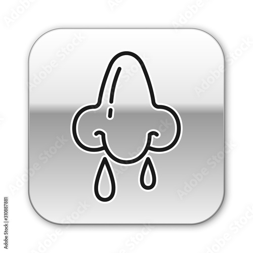 Black line Runny nose icon isolated on white background. Rhinitis symptoms, treatment. Nose and sneezing. Nasal diseases. Silver square button. Vector Illustration