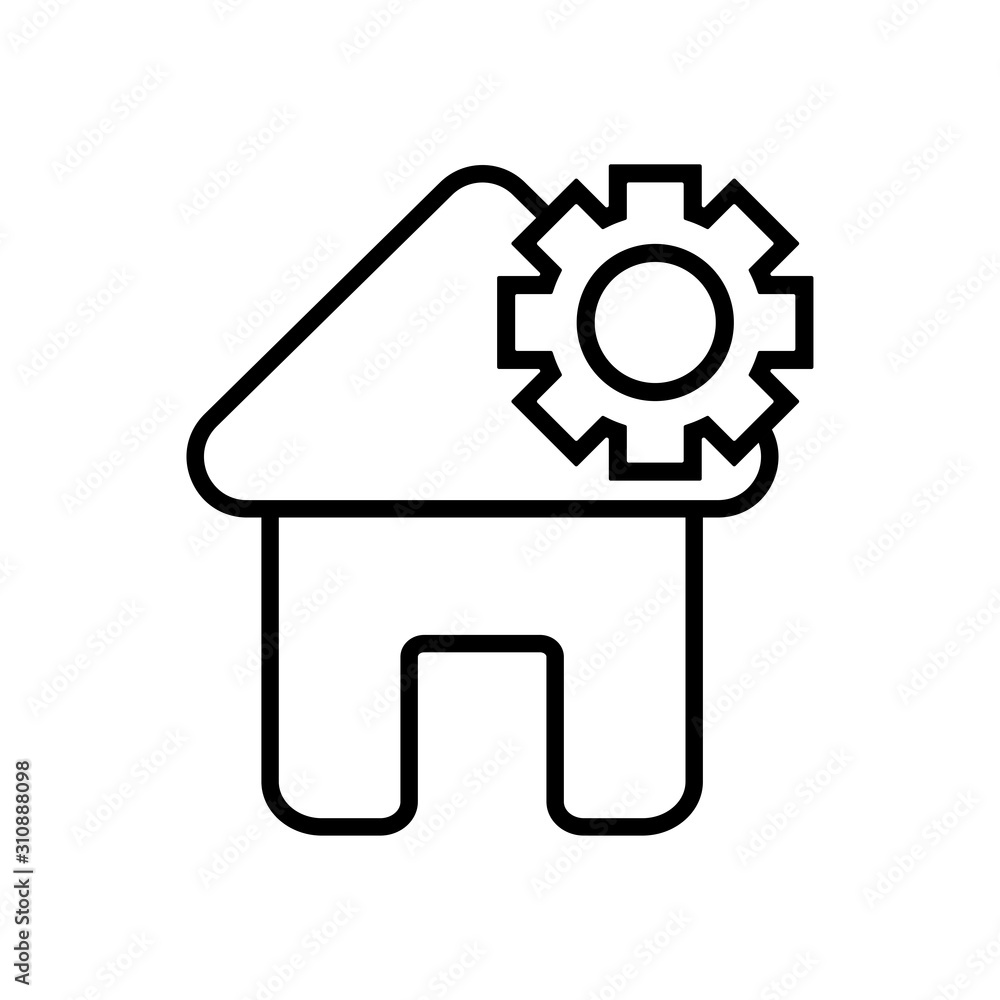 Smart house automation control system symbol with gear wheel. Smart home technology silhouette vector icon isolated on white background. Modern infographic icon for web, mobile apps and ui design Smart house automation control system symbol with gear wheel. Smart home technology silhouette vector icon isolated on white background. Modern infographic icon for web, mobile apps and ui design