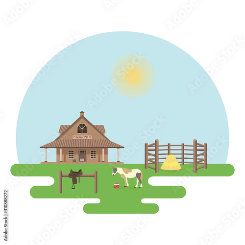The country house, the pinto horse and the hitching post with the cowboy saddle are in the daytime.