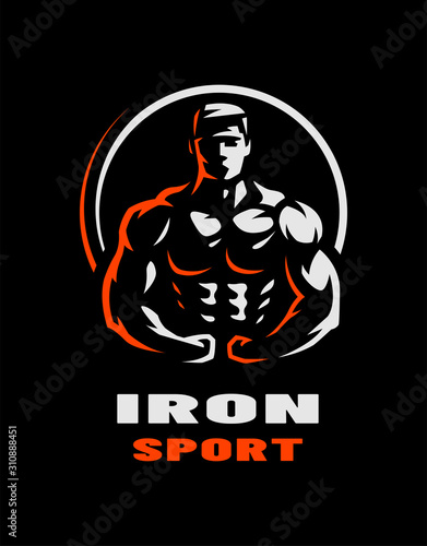 Iron sport. Bodybuilding. Athlete silhouette logo, emblem on a dark background. Vector illustration.