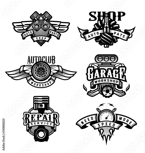 Set of vintage monochrome auto emblems, badges, logos. Vector illustration.