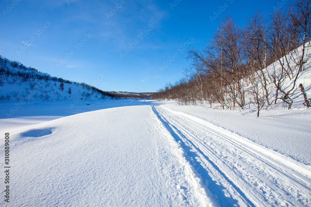 Track for winter sports. Road for snowmobiles, dog sledding and skiing. Winter sunny northern landscape. Norway