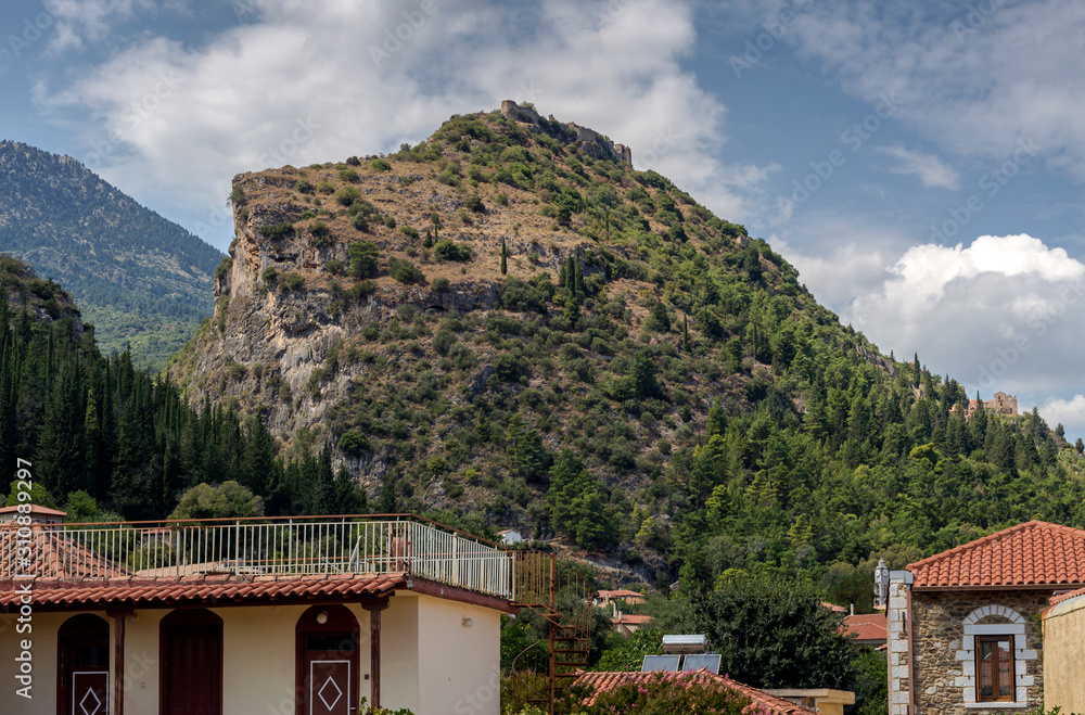 Outdoors museum Mystras on the mountain. The medieval city in Greece, near town Sparta.