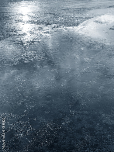 Frozen water on the river. ...
