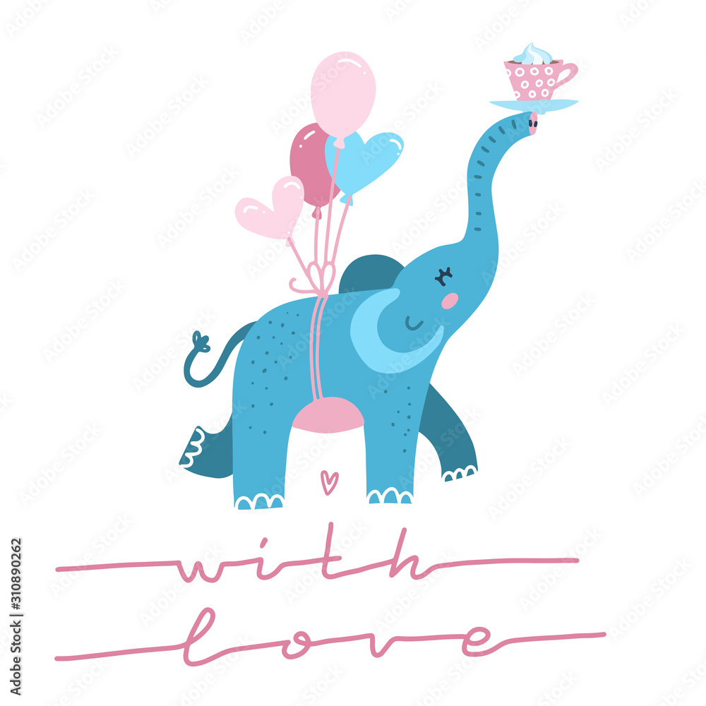 Fototapeta premium Cute elephant with heart shaped balloon cartoon character. Line Lettering quote - With love - for t-shirt print, kids wear fashion design, Valentine's card. Hand drawn flat vector illustration