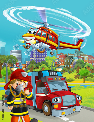 cartoon scene with fire brigade car vehicle on the road and fireman worker - illustration for children