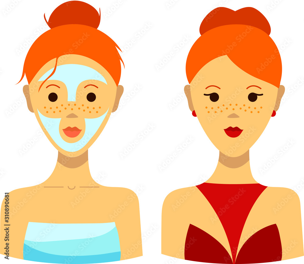 Portraits of a red-haired girl before and after the transformation: 1) in a towel, face mask, with tousled hair in a bun; 2) with makeup, in a red dress and earrings. Vector graphics, illustration Portraits of a red-haired girl before and after the transformation: 1) in a towel, face mask, with tousled hair in a bun; 2) with makeup, in a red dress and earrings. Vector graphics, illustration