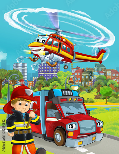 cartoon scene with fire brigade car vehicle on the road and fireman worker - illustration for children