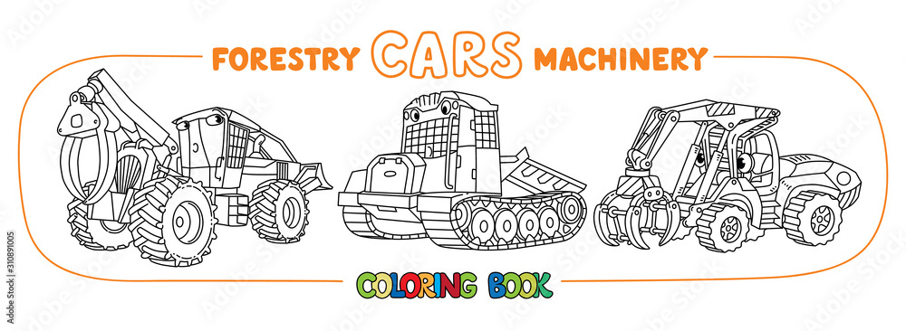 Forestry machinery. Skidder cars coloring book set