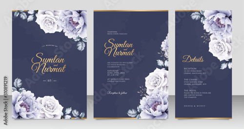 Elegant wedding invitation card template with peonies aquarel on navy blue background