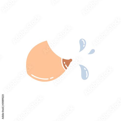 Color cartoon female breast with isolated milk drops. Hand drawn vector concept of Breastfeeding and lactation. Flat minimalistic illustration for banner, card, poster