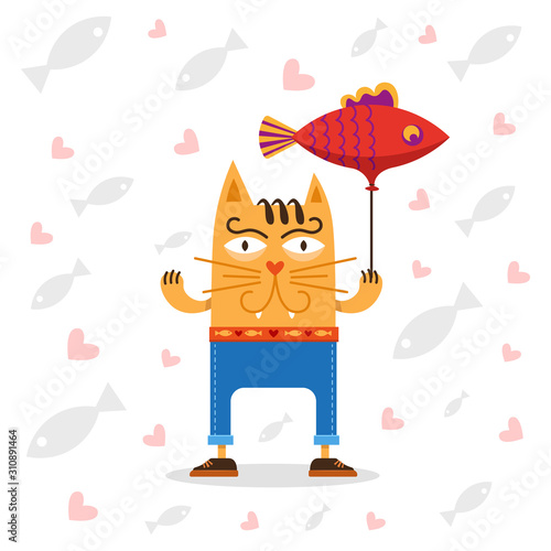 Cat with a balloon fish and heart. Vector Illustration
