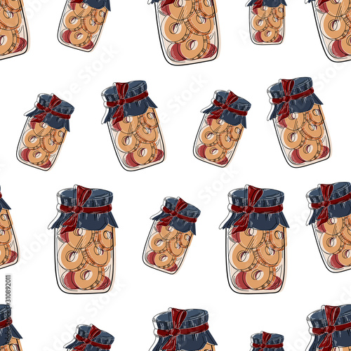 Vector banks pattern with cookies. Image on white background. The image can be used for websites, web design, postcards, ladders, wallpapers, prints, print on fabric, shop windows, cafes.