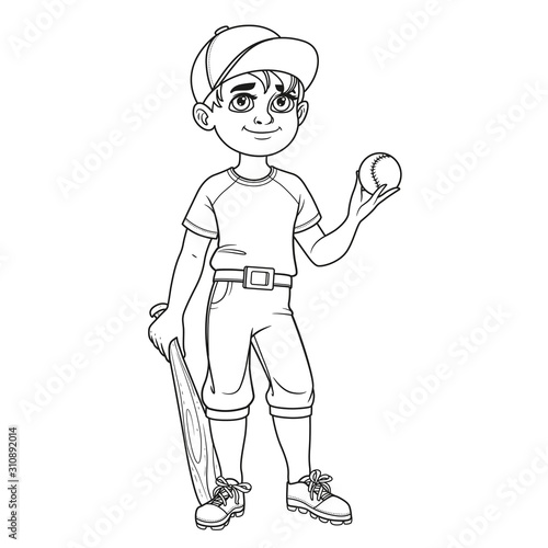 Cute boy in baseball suit with ball and bat outlined for coloring page