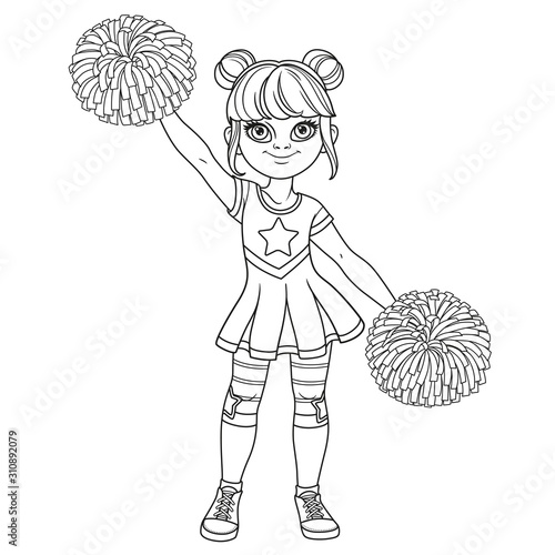 Cute girl in a cheerleader costume with big pompons outlined for coloring page