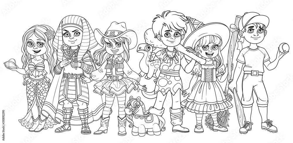Children in carnival costumes baseball player, mermaid, cowgirl, egyptian pharaoh, caveman, witch characters outlined for coloring page Children in carnival costumes baseball player, mermaid, cowgirl, egyptian pharaoh, caveman, witch characters outlined for coloring page