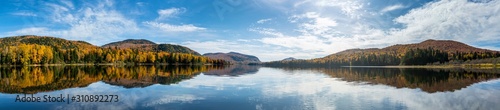 Panoramic View of beautiful autumn reflections in a national park lake.