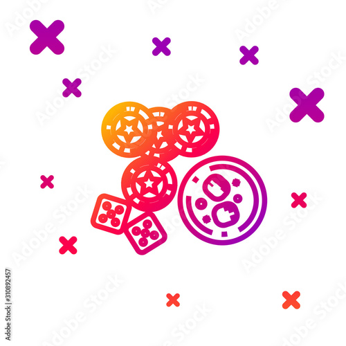 Color line Casino chips, game dice and glass of whiskey with ice cubes icon isolated on white background. Casino poker. Gradient random dynamic shapes. Vector Illustration
