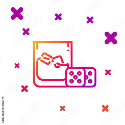 Color line Game dice and glass of whiskey with ice cubes icon isolated on white background. Casino gambling. Gradient random dynamic shapes. Vector Illustration