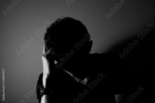 Sad men black silhouette window alone black and white