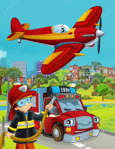 cartoon scene with fire brigade car vehicle on the road and fireman worker - illustration for children