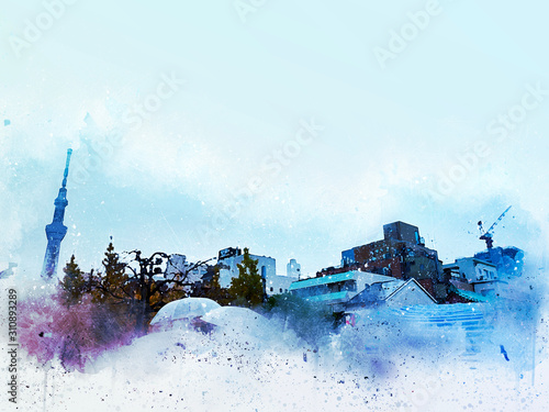 Photography Abstract colorful city landscape of Tokyo city cover the wind on watercolor illustration painting background