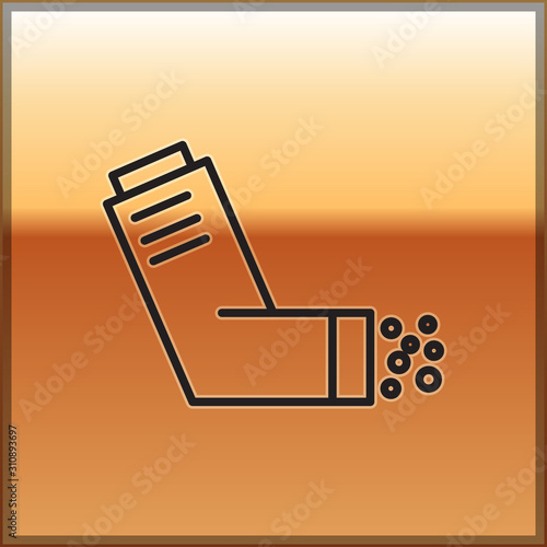 Black line Inhaler icon isolated on gold background. Breather for cough relief, inhalation, allergic patient. Medical allergy asthma inhaler spray. Vector Illustration