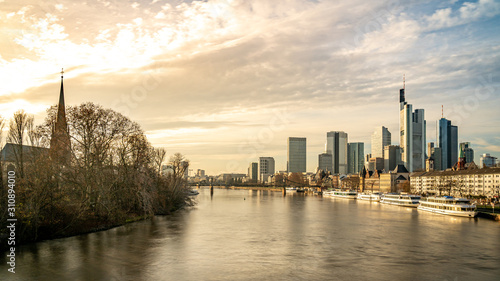 frankfurt skyline with reflections in the main river, frankfurt am main, germany