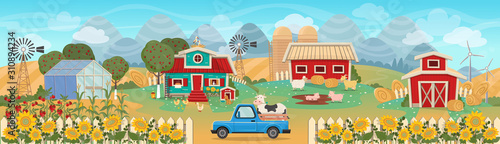 Farm panorama with a greenhouse,  barn, houses, mills, fields, trees and farm animals. Vector illustration in flat cartoon style. Seamless background on layers. © NADEZHDA