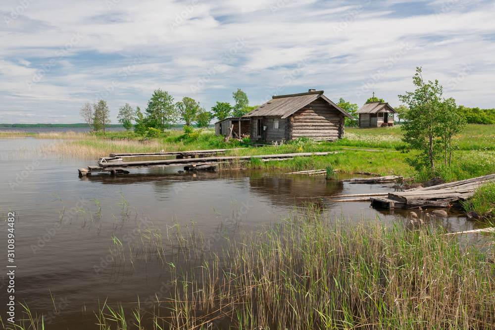 Fototapeta premium Kizhi. wooden hut landscape, lake