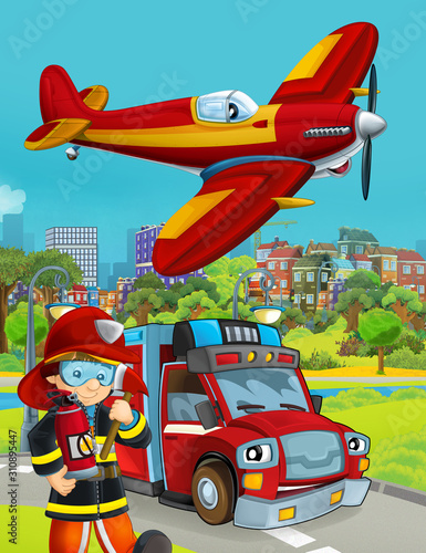 cartoon scene with fire brigade car vehicle on the road and fireman worker - illustration for children