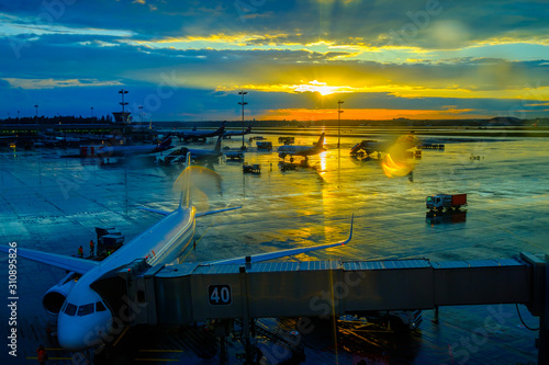 International airport landscape at sunset
