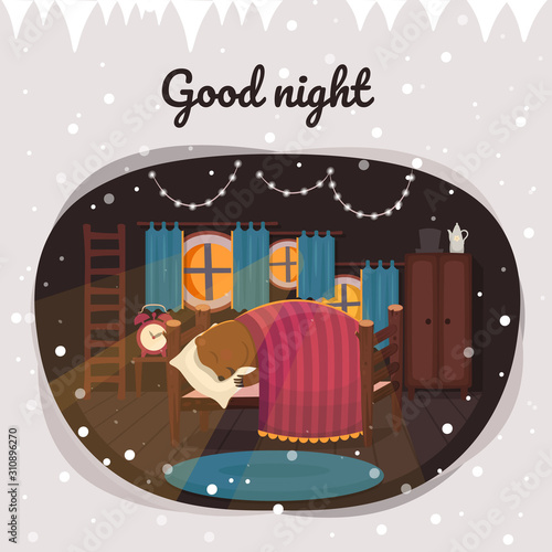 Good night. Cute sleeping bear in bed in lair room.  Vector illustration of flat cartoon style.